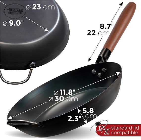 YOSUKATA 11.8 10 1/4 7.9 Carbon Steel Frying Pan - Non-Toxic Pre-Seasoned Skillet with Removable Wooden Handle