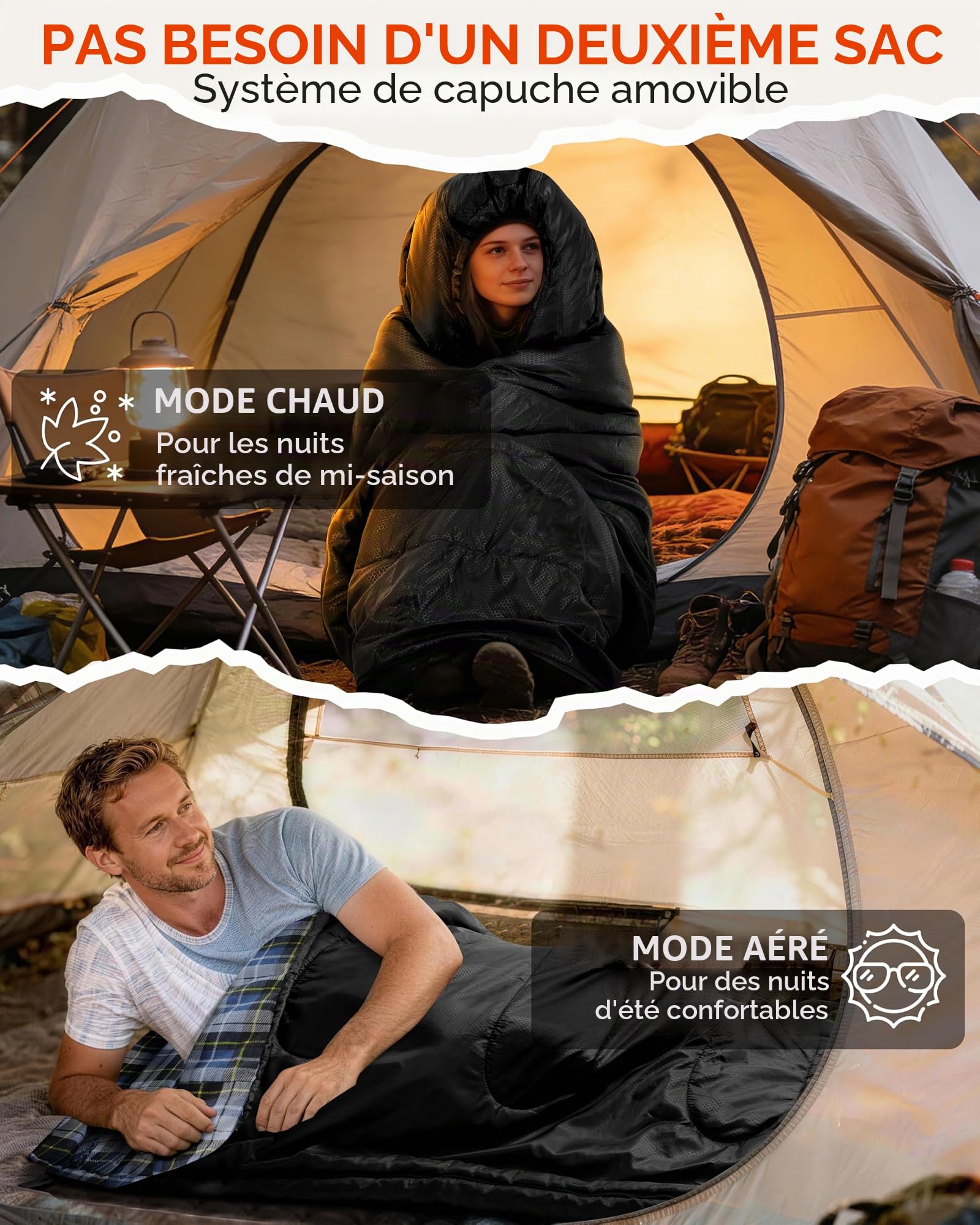 Sportneer Sac de Couchage Adulte, Flanelle Sac Couchage Confortable - Compact - 3 à 4 Saisons - Temps Froid pour la pêche au Camping，2kg