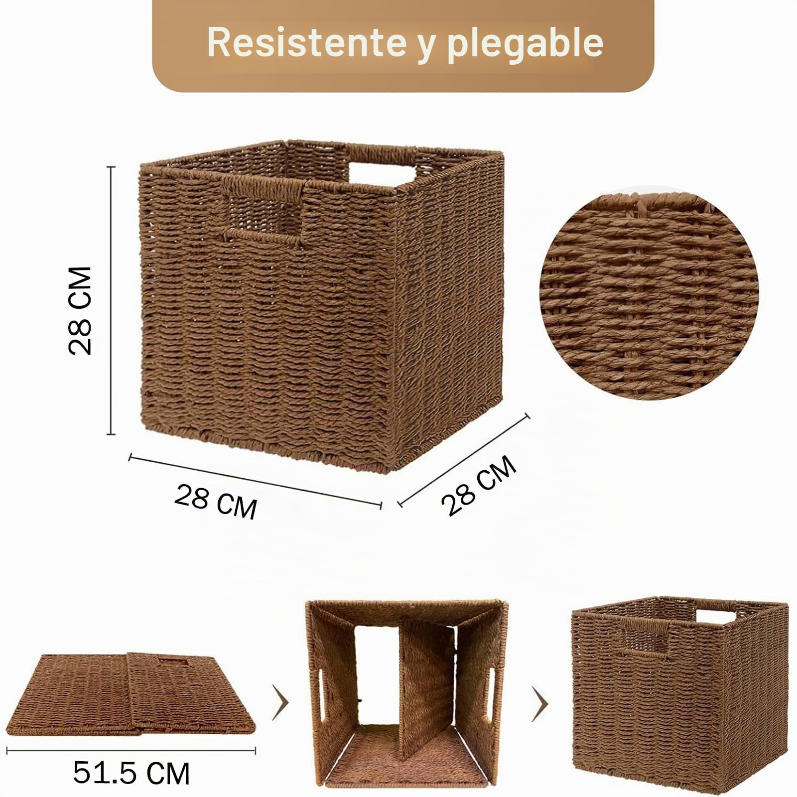 2 Cestas de Almacenaje, Cesta Mimbre Tejidas a Mano Cubo 28CM, Cesta Grande Plegable de Papel de Jacinto de Agua con Asas, Cesto Decorativo para Baño Estanterías Kallax Cocina Marrón