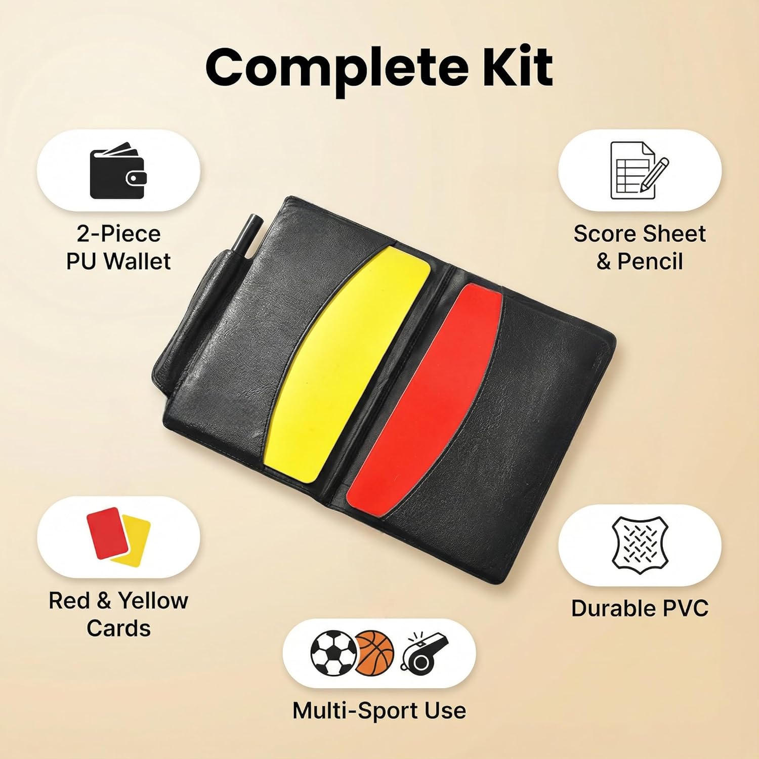 Professional Soccer Referee Card Set - Red and Yellow Warning Cards with PU Leather Wallet, Score Record Paper and Pencil - Essential Football Referee Kit for Matches and Training