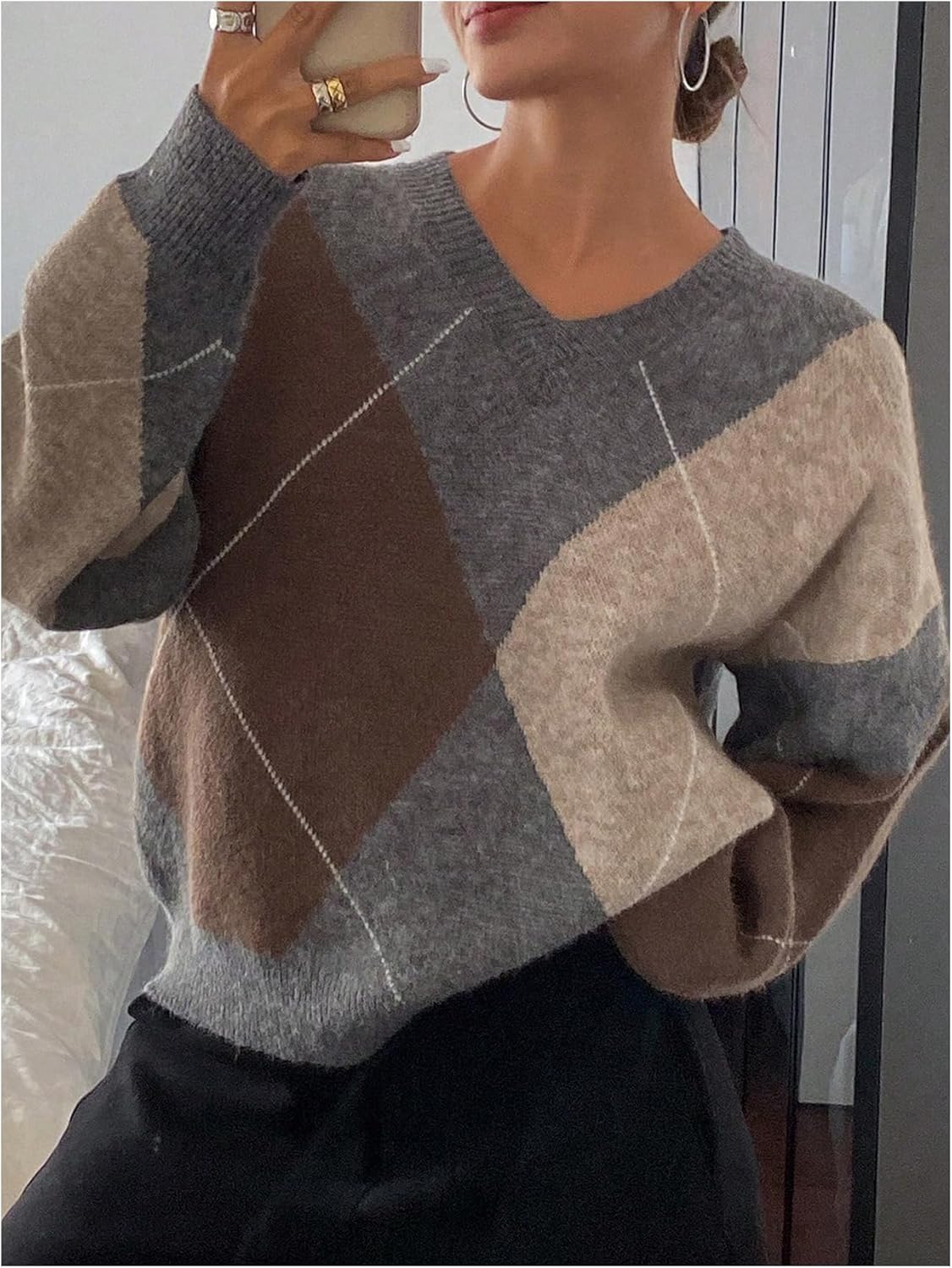 SOLY HUX Plaid Sweaters for Women V Neck Drop Shoulder Long Sleeve Color Block Pullover Sweater Tops