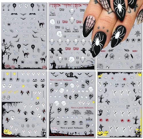 Miniatura 6 de 6 hojas de calcomanías de arte de uñas de Halloween  Calcomanías de uñas de Halloween autoadhesivas 3D de dibujos animados fantasma, esqueleto,
