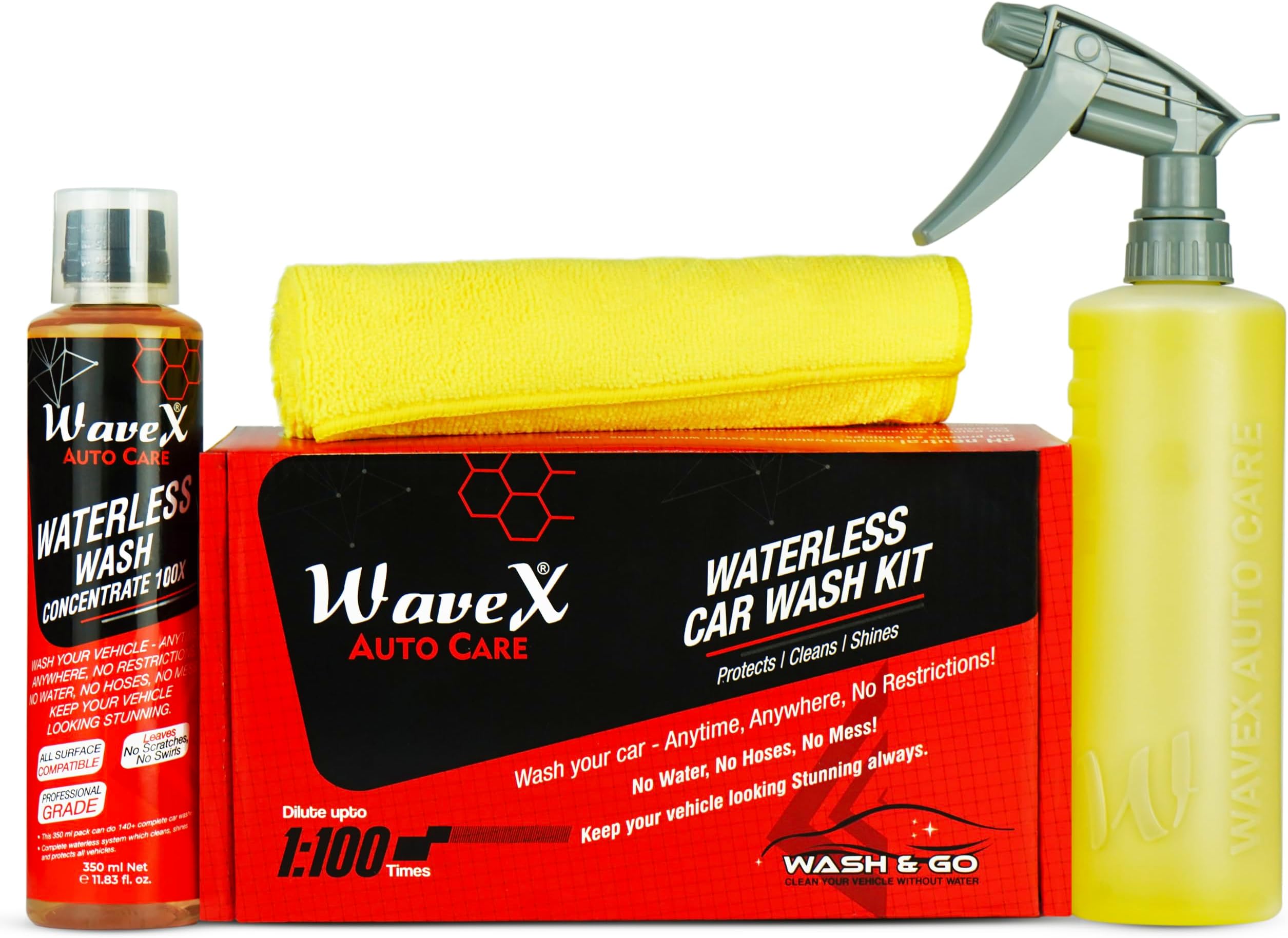 Waterless Car Wash Kit Car Cleaning Spray 100x Concentrate | 100 TIMES DILUTABLE with Empty Spray Bottle Microfiber Cleaning Cloth | Car Washing Without Water