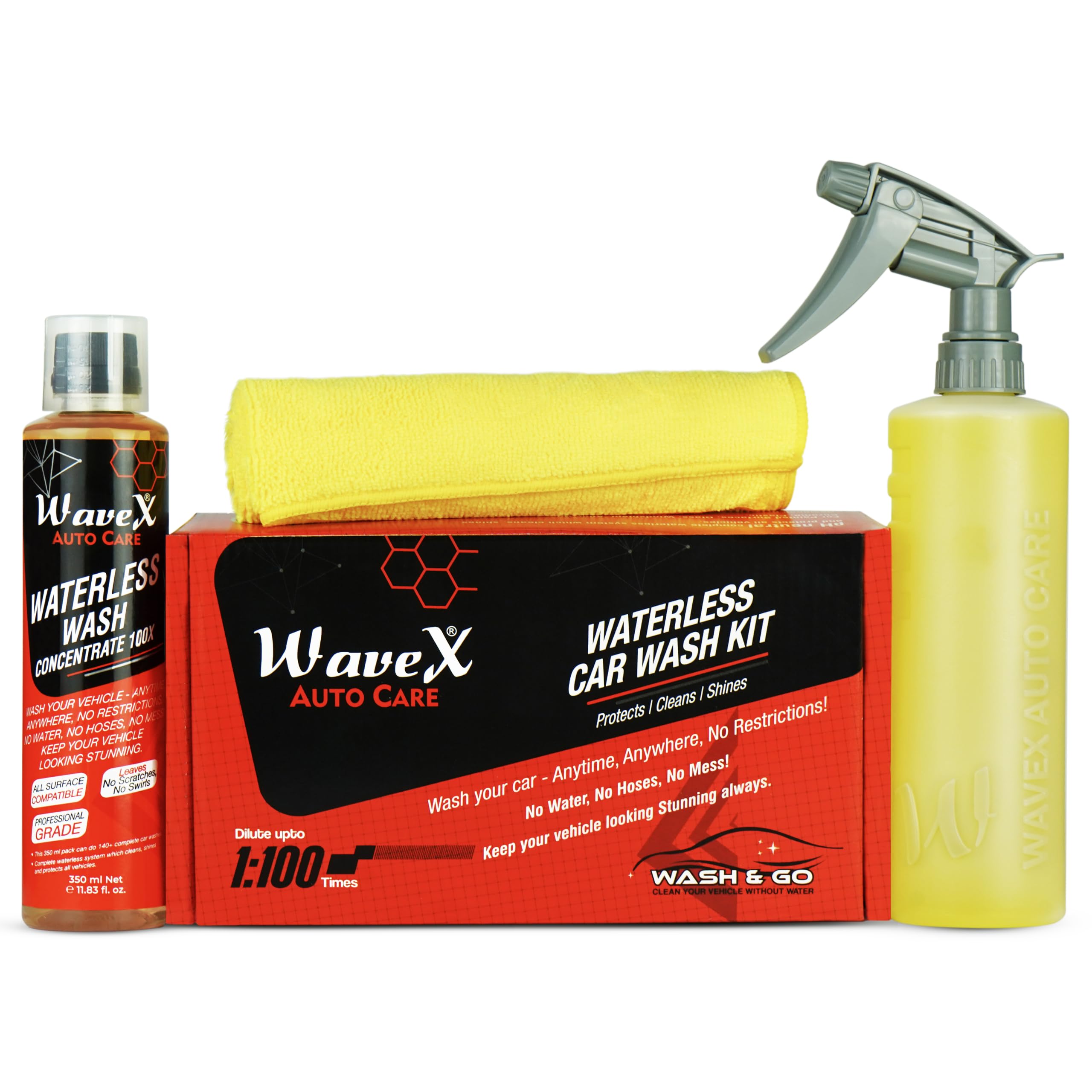 Wavex Waterless Car Wash Kit Car Cleaning Spray 100x Concentrate | 100 TIMES DILUTABLE with Empty Spray Bottle Microfiber Cleaning Cloth | Car Washing Without Water-image-7