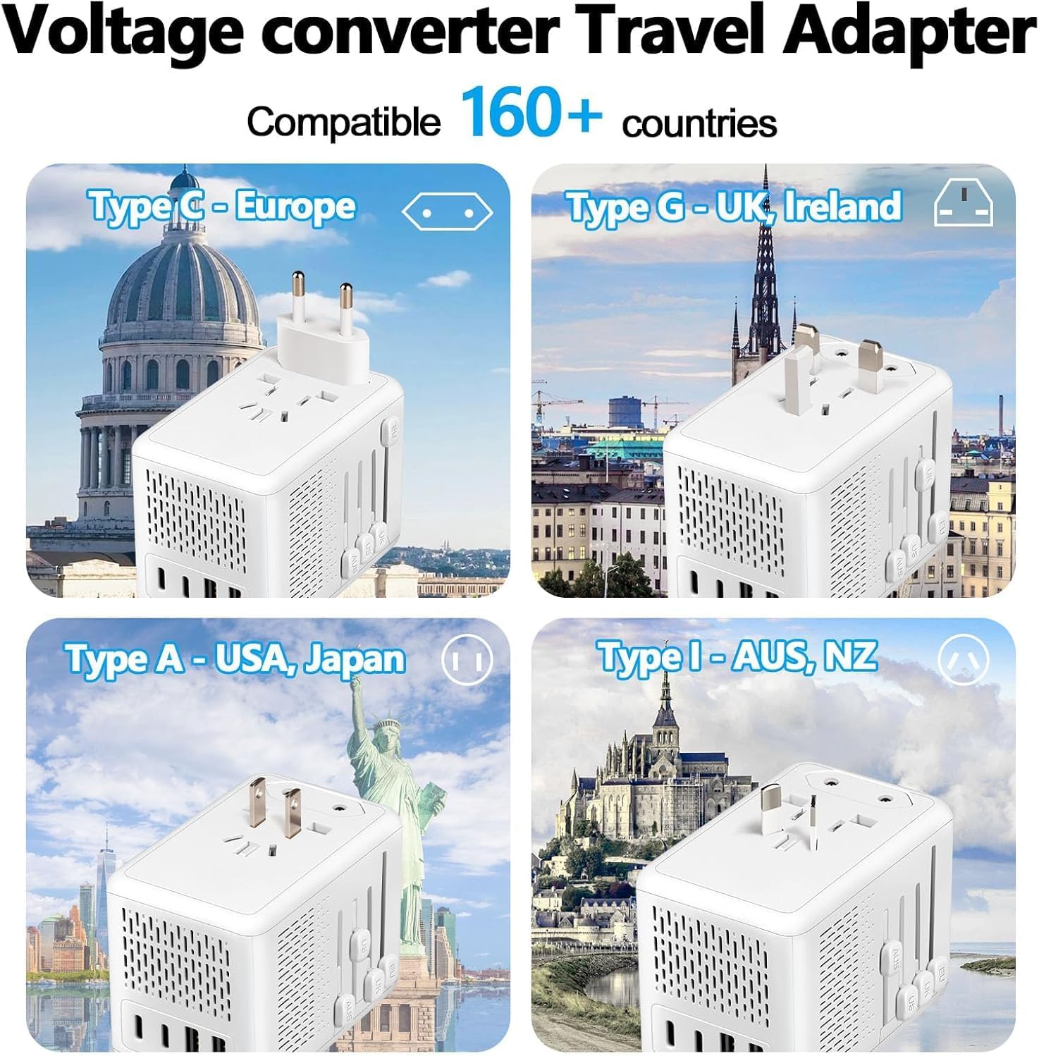 Upgraded Voltage Converter US to Europe for Hair Dryers 220V to 110V Converter with Fast Charging - Compact Travel Design with 2 USB-A + 2 USB-C Universal Travel Adapter