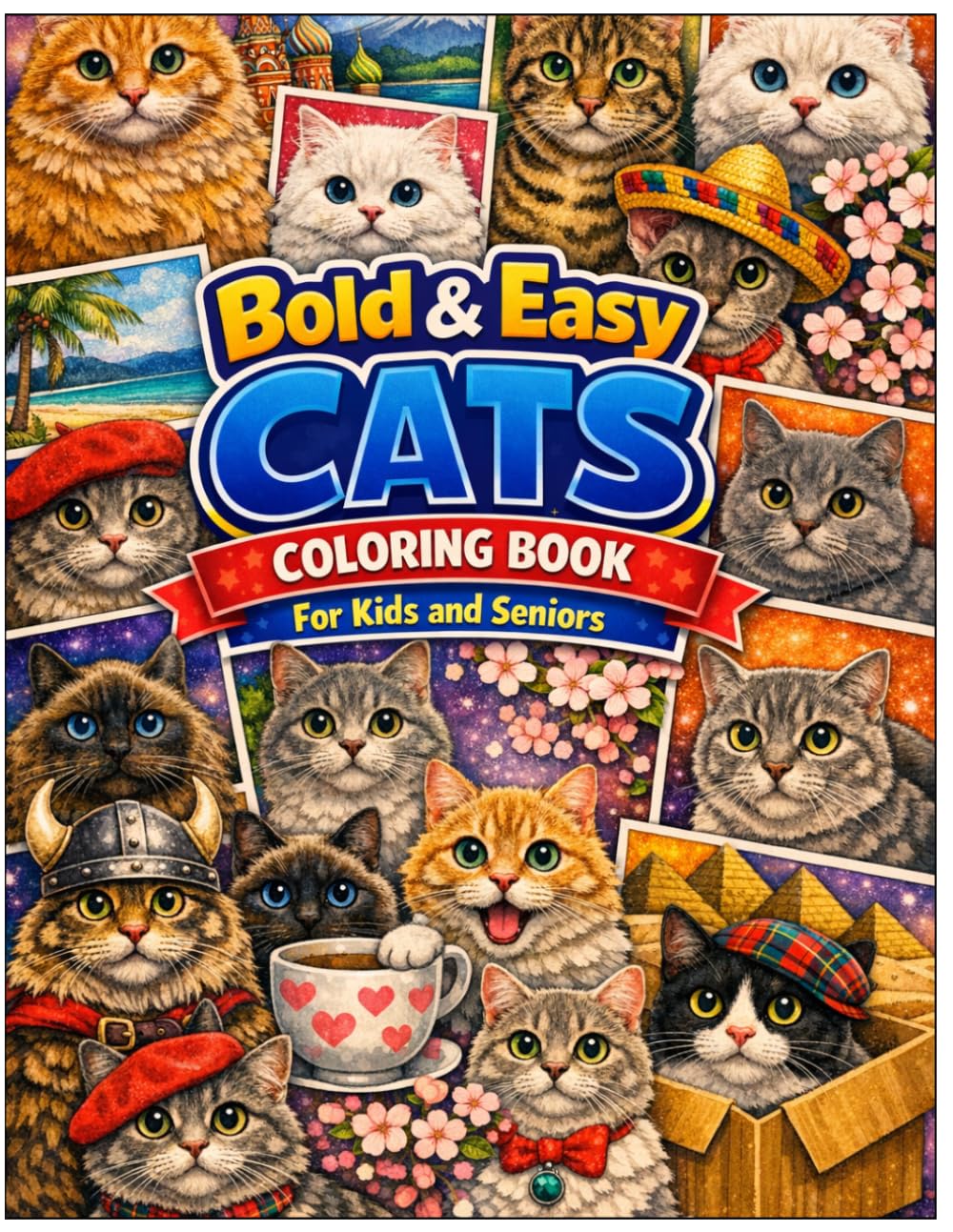 Bold & Easy Cats Coloring Book For Kids and Seniors