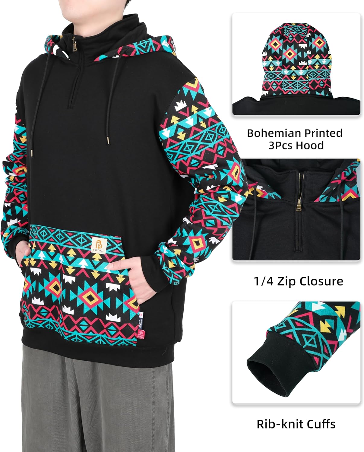 BOCOMAL FR Hoodies Bohemian Printed 1/4 Zipper Pullover 10.5oz Cotton Fleece Fire Resistant Hooded Sweatshirts - Image 3
