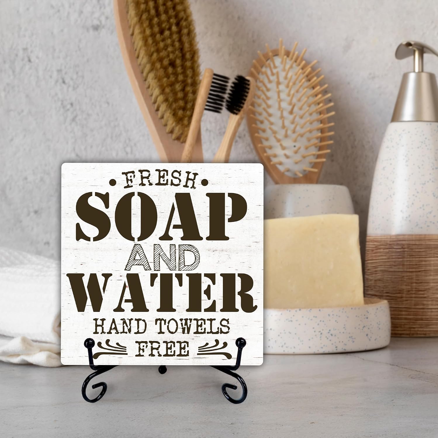 5'' Bathroom Wooden Sign with Metal Stand - Fresh Soap & Water Hand Towels - Rustic Farmhouse Religion Desktop Decor for Bathroom Desk Shelf, Restroom Decor & Gifts For Friend Family - A16 image 4