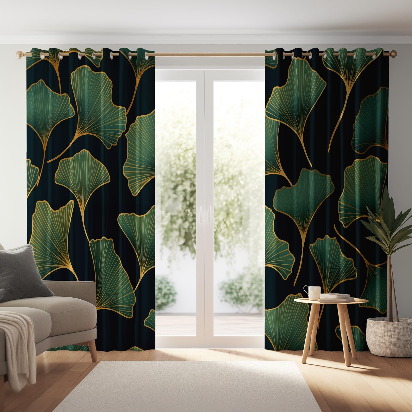 Verde Nero Tenda Oscurante 117L X 183H cm (2 Pannelli) Tende Oscuranti Termiche con Occhielli, Minimalismo Linee Piante Foglie Di Ginkgo Tenda Opaca Stampate per Camera Soggiorno