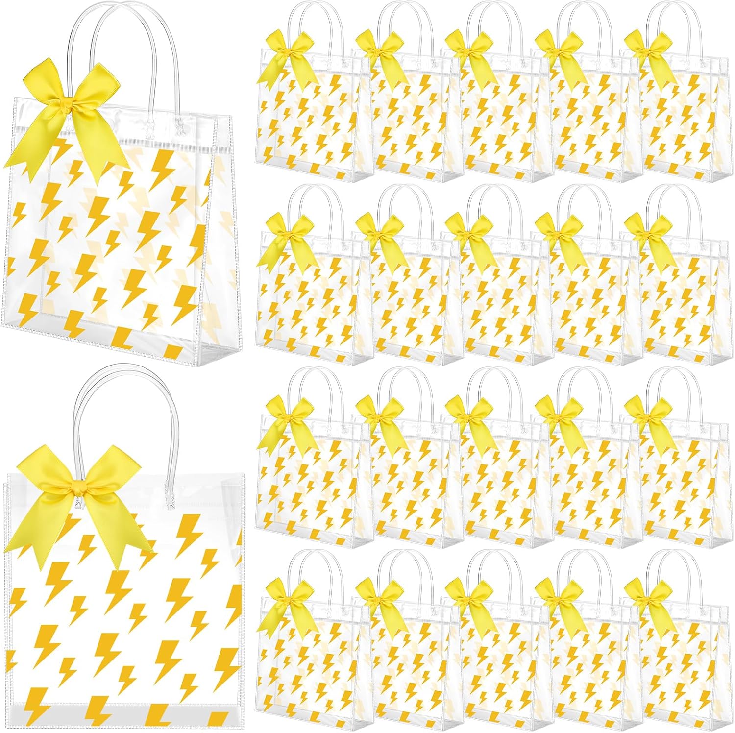 Vicenpal 24 Sets Clear Yellow Lightning Bolt Party Favor Bags with Handles 24 Pcs Bows Plastic Lightning Bolt Goodie Candy Treat Bags for Flash Weather Theme Birthday Party Supplies Decoration