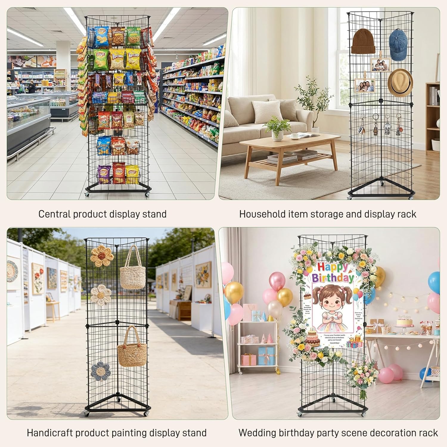 Brobear Triangular Gridwall/Wire Grid Panel Display Stand with Base and Caster, Extra-Large Size Wire Display Rack 24"x68"Display Racks for Vendor Events ,Art Show Display Panels and Home Organization