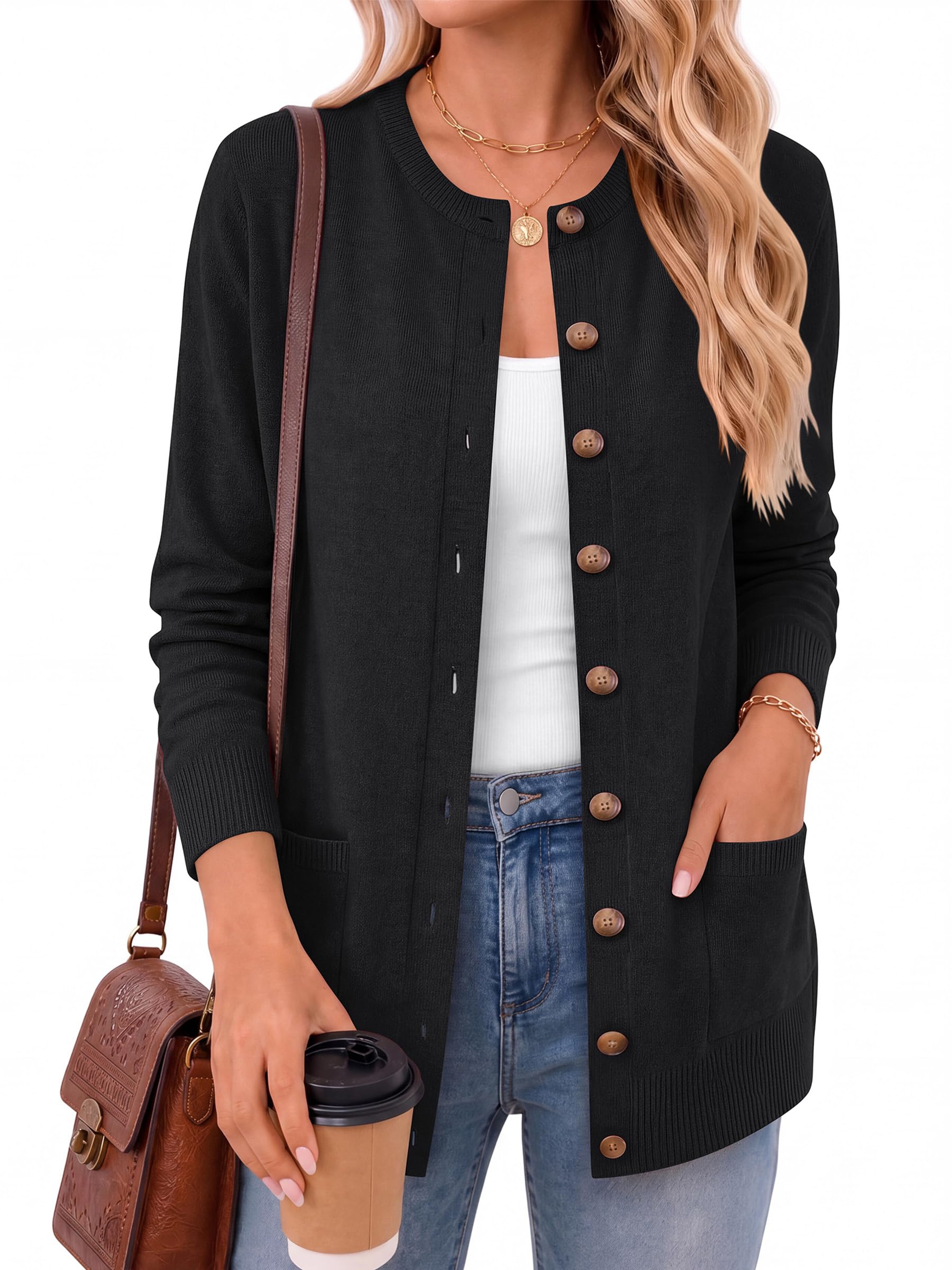 anrabess Women's Cardigans 2025 Fall Dressy Casual Long Sleeve Crewneck Button Down Open Front Soft Knit Cardigan Sweaters-picture-15