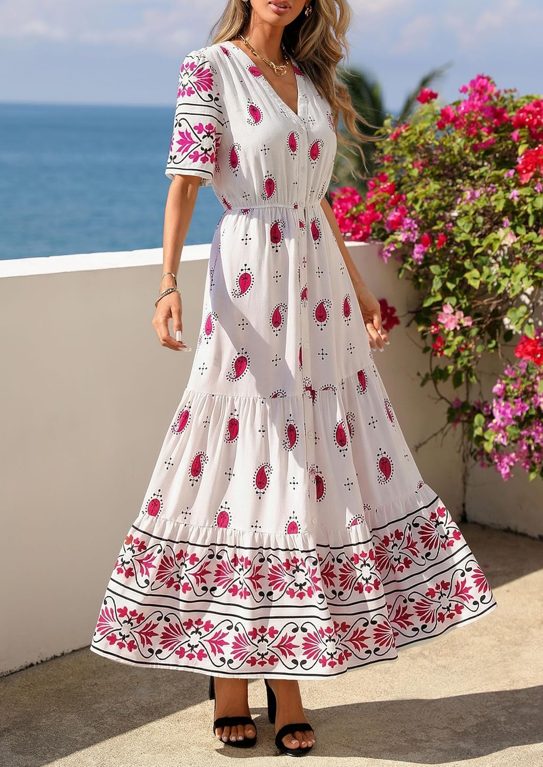 PRETTYGARDEN Womens Summer Boho Maxi Dress 2026 Trendy Short Sleeve V Neck Flowy Beach Floral Dresses with Pockets - Image 2