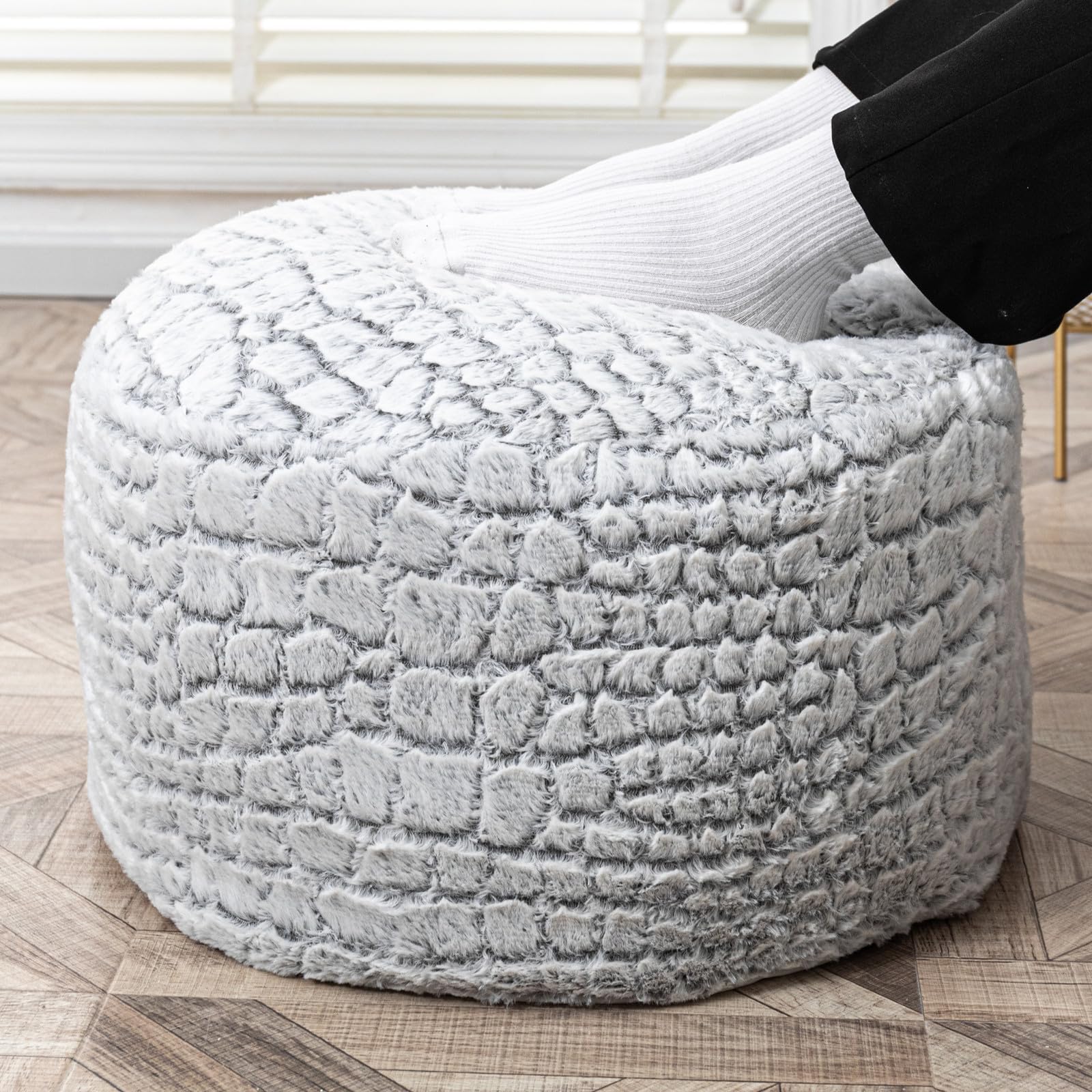 Asuprui Pouf Ottoman Unstuffed Floor Poof Seat Pouf Ottoman Foot Rest Soft Foot Stool 20x20x12 Inches Fuzzy Chair Floor Chair Foot Rest with Storage for Living Room Bedroom Snow Gray