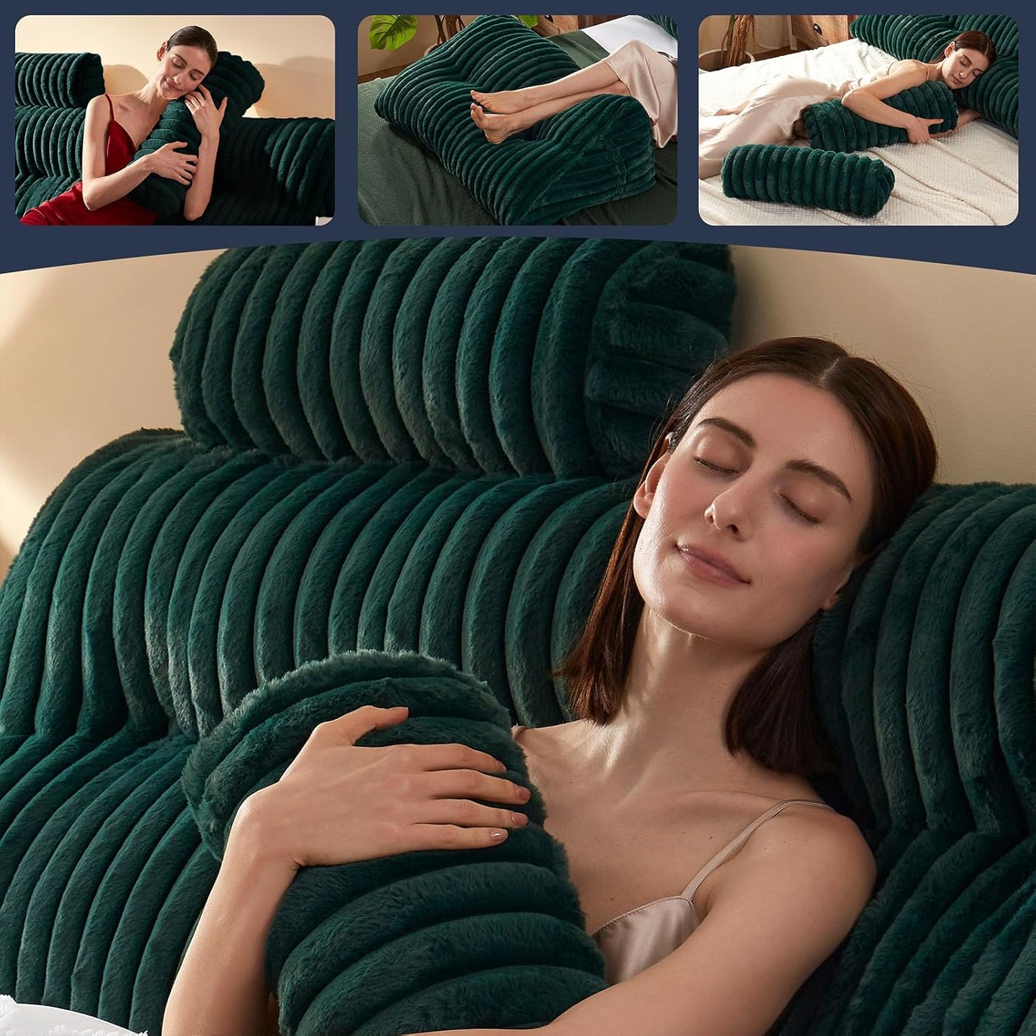 Rycwola Faux Fur Headboard Pillow with 2 Pack Neck Roll Pillow Large Headboard Pillow Soft and Supportive with Removable Cover (Green, Queen)