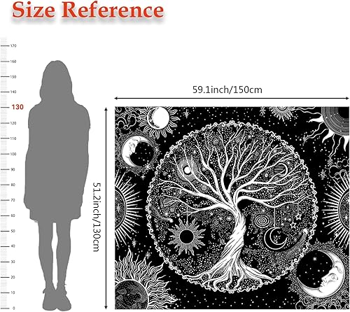Miniatura 4 de AACKart Tapiz de árbol de la vida para dormitorio, decoración estética de habitación, tapiz de árbol espiritual blanco y negro para colgar en la