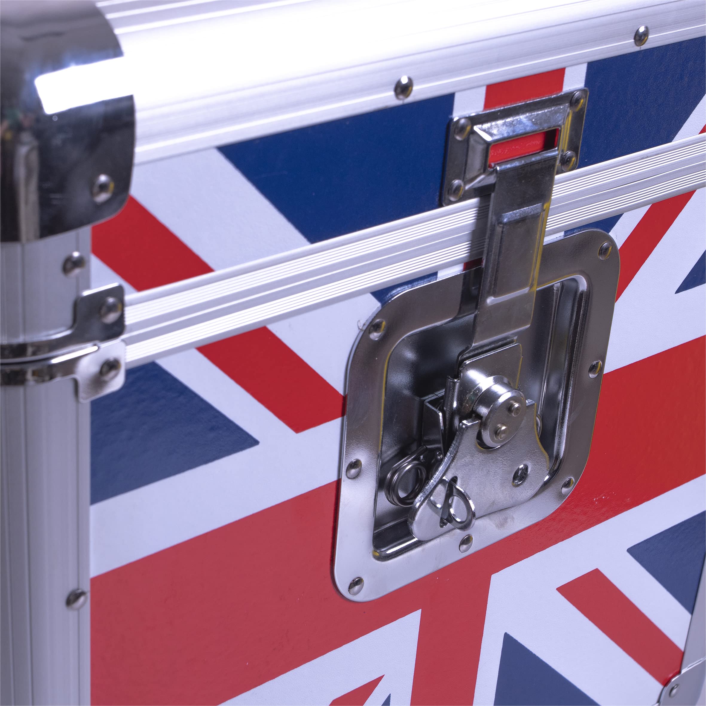 Euro Style Album Case tiene capacidad para 70 discos con bisagras de elevación y un cierre de mariposa, diseño de Union Jack
