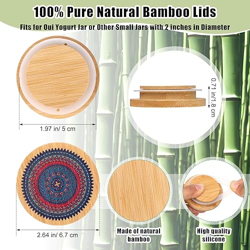 Miniatura 2 de Yaomiao Juego de 12 tapas para tarros de yogur, tapas reutilizables con patrón de mandala de bambú con anillos de sellado de silicona y 24 etiquetas