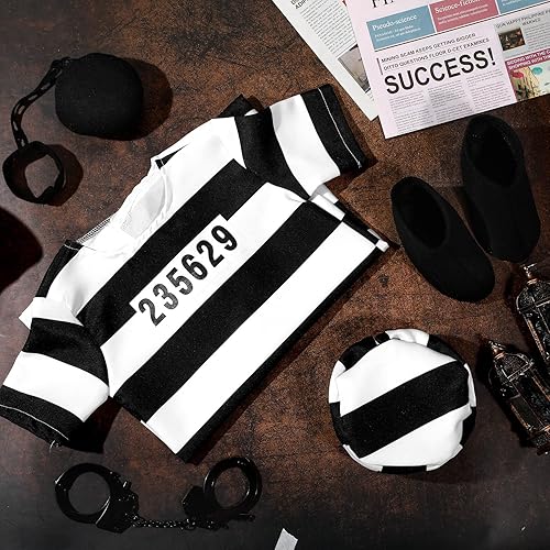 Miniatura 3 de Disfraz de condenado de prisionero de Halloween de 4 piezas con esposas de juguete, disfraz de prisionero para fiesta de Halloween