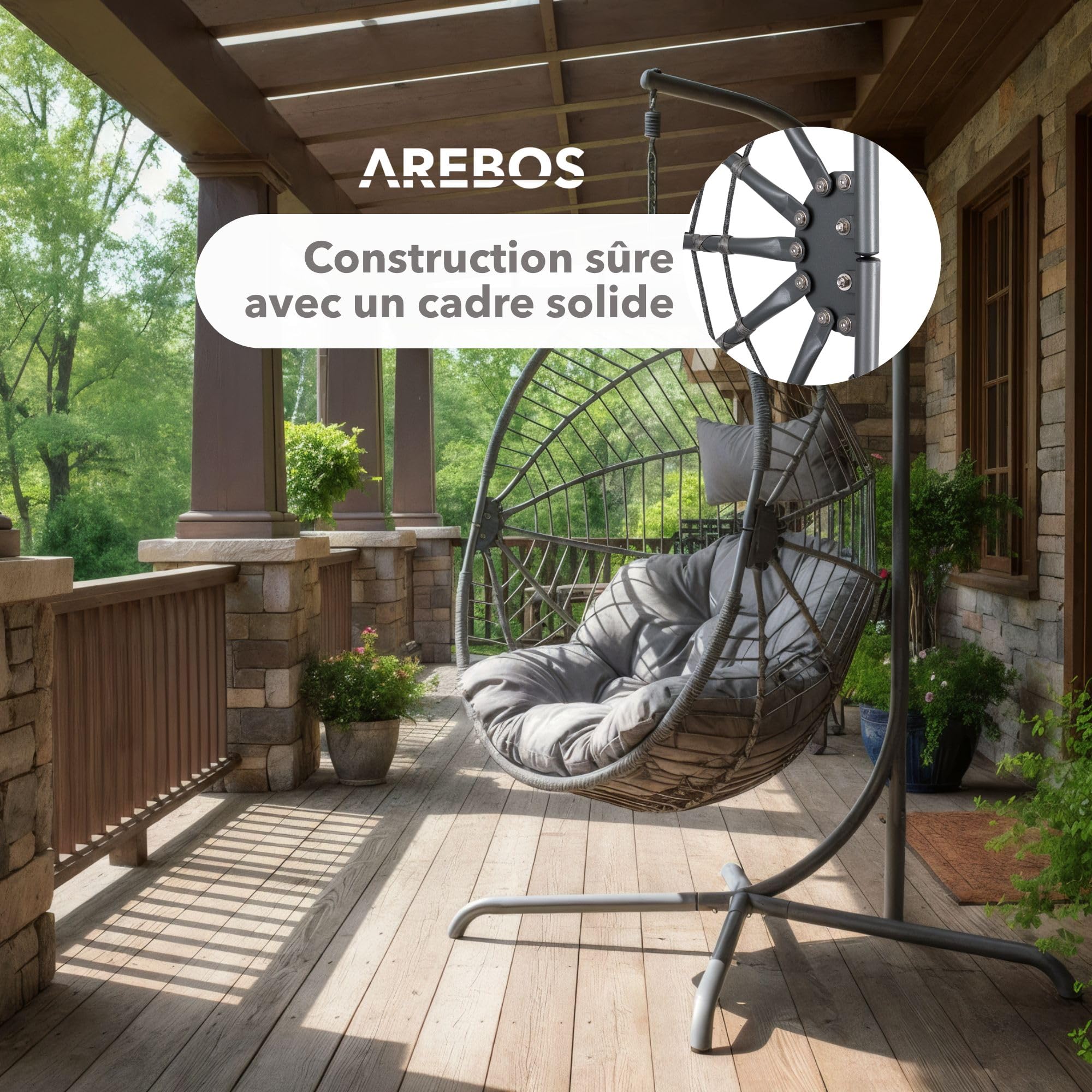 Arebos Fauteuil Suspendu avec Armature | Fauteuil Œuf Autoportant pour Jardin & Balcon | Hauteur Réglable 160–180 cm | Cadre en Acier Jusqu’à 130 kg | avec Coussins d’Assise et de Nuque