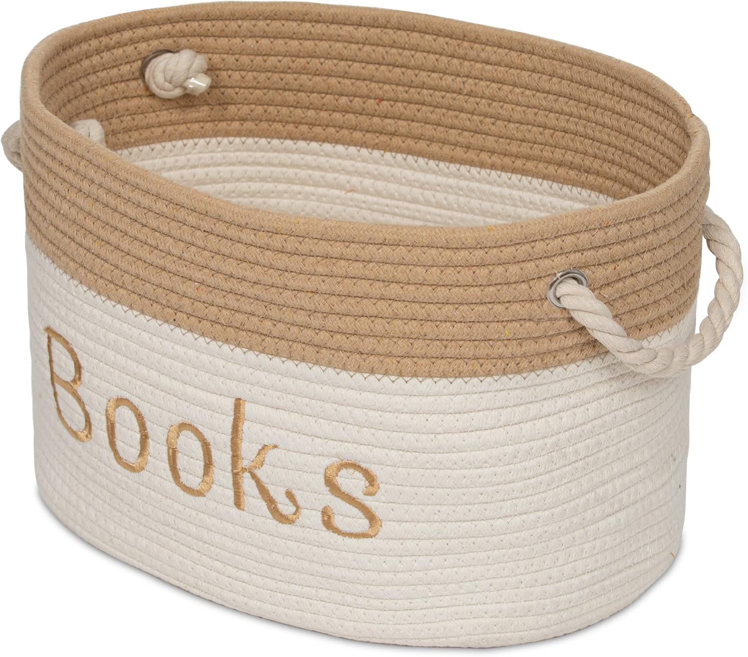 Rope Storage Basket - 15 x 11 x 9 Book Storage Bin - Embroidered Storage Bins - Tote Bin for Nursery, Playroom, Living Room, Classroom (Book Bin)