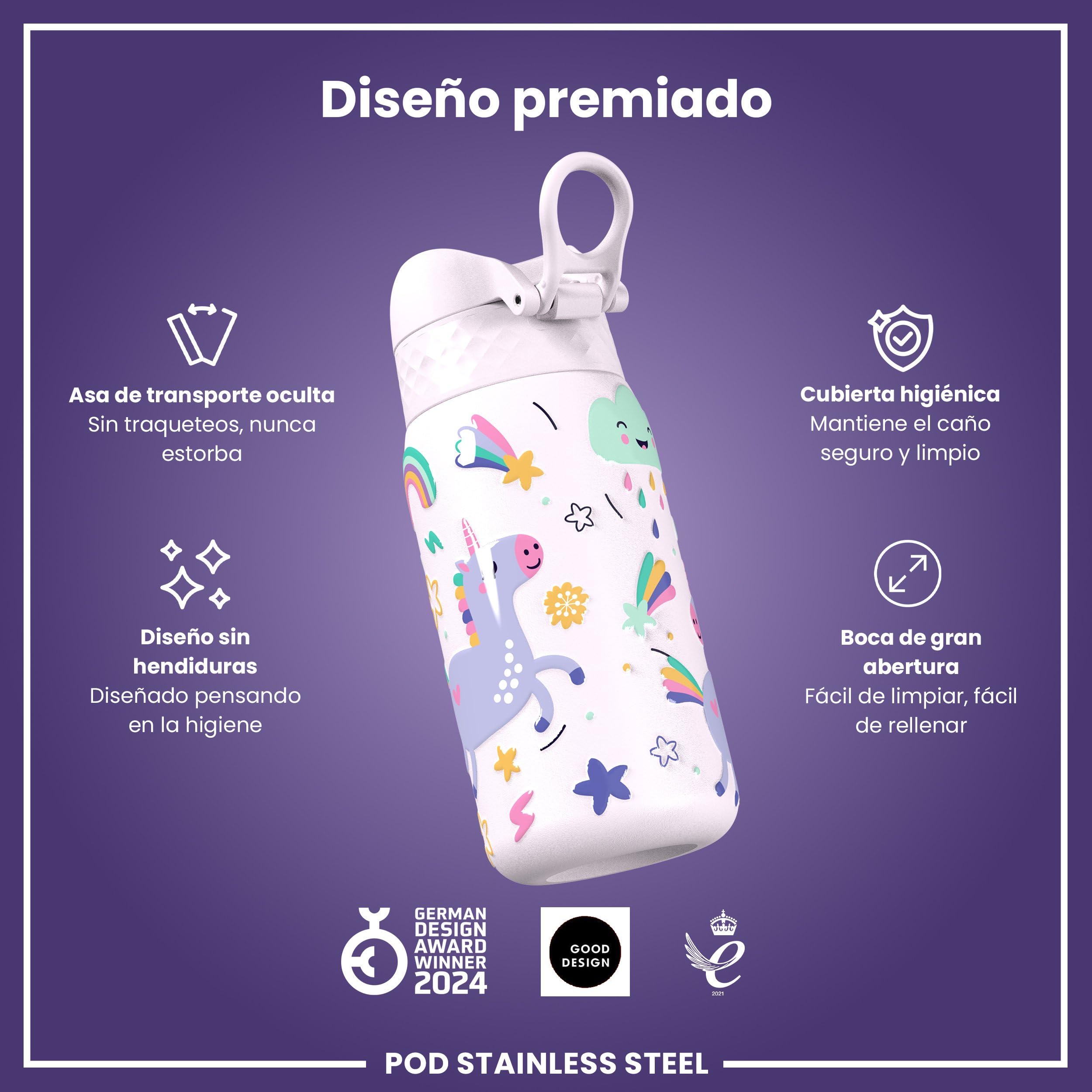 ion8 Botella Agua Inox Ligero para Niños, 400ml, Sin Aislamiento, a Prueba de Fugas, Fácil de Abrir, Cerradura Segura, Apta para Lavavajillas, Tapa Abatible, Fácil de Limpiar, Unicornios, Rosa