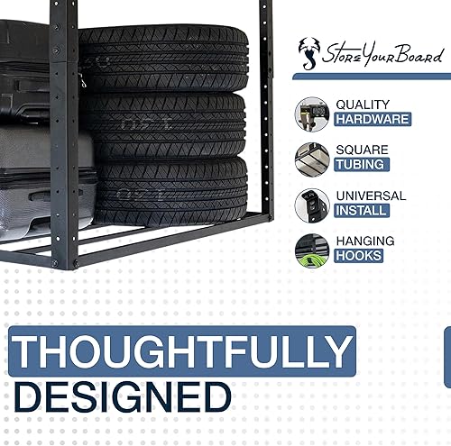 Miniatura 5 de StoreYourBoard Estante de almacenamiento de garaje de 3 x 8 pulgadas con ganchos, estante de techo, organización superior, plataforma de acero