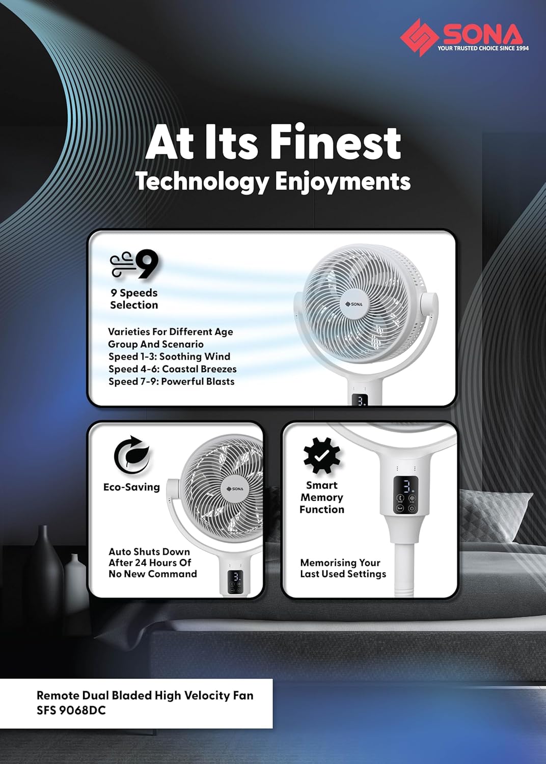 Diagram illustrating the fan's technology enjoyments: 9 speed selections for various scenarios, Eco-Saving function that auto-shuts down after 24 hours of no command, and Smart Memory Function for memorizing last used settings.