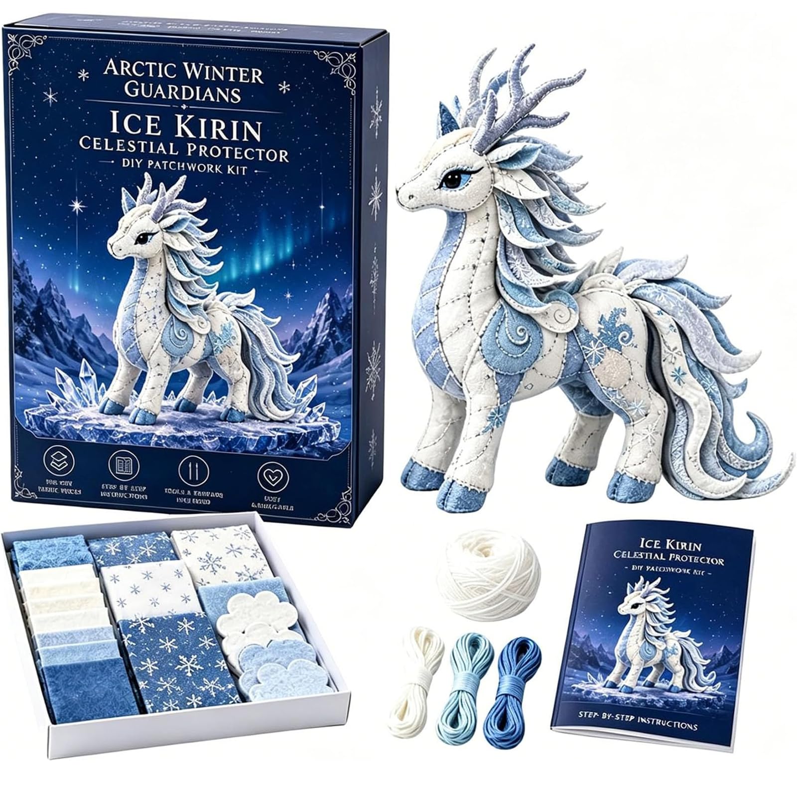 Arctic Winter Guardians DIY Patchwork Kit, Polar Mythical Creature Stitching Assembly Bundle, Pre-Cut Handmade Craft, Three Dimensional Stuffed Animals Holiday Home Decor Present (D)