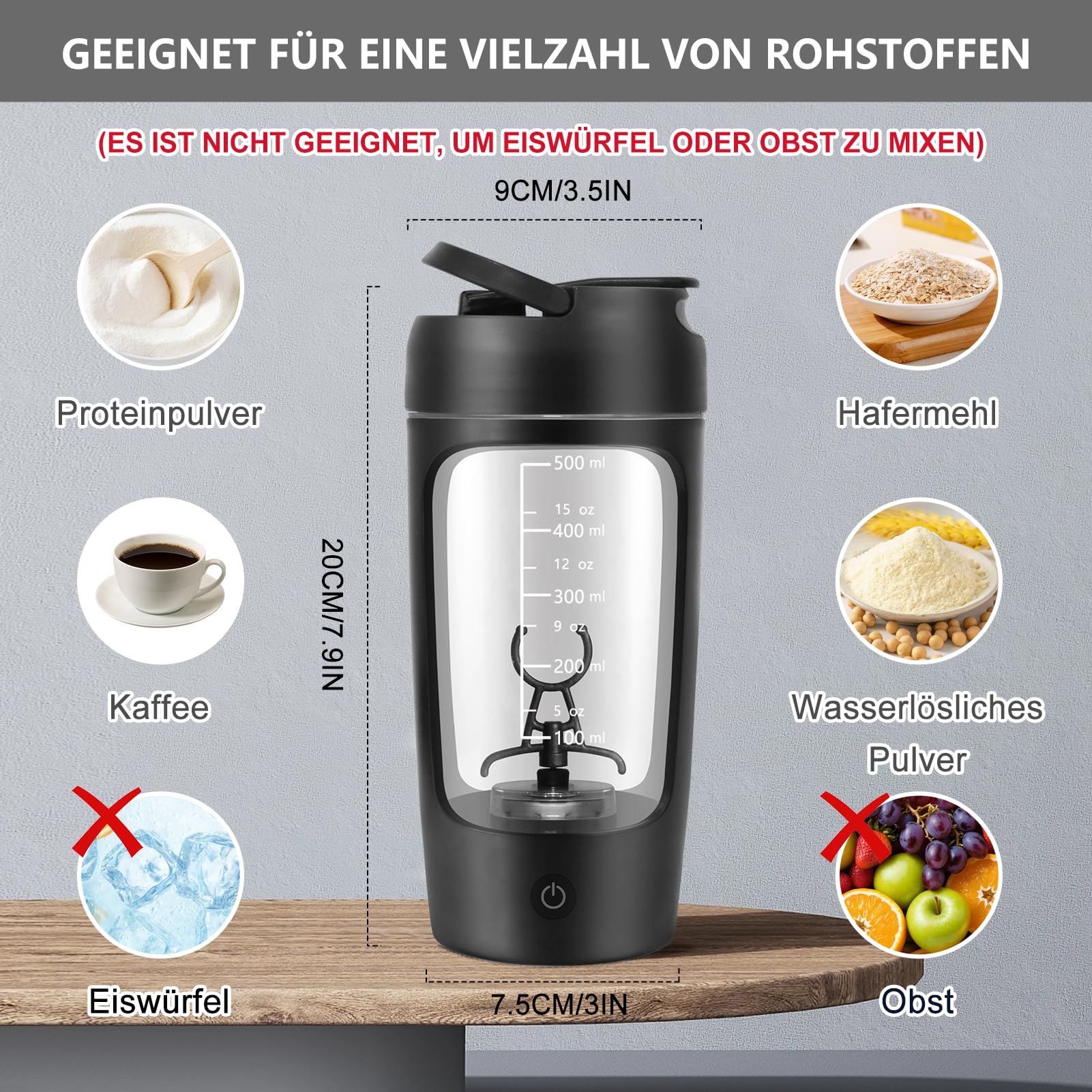 SOARFLY Shaker Elektrisch, 650ML Elektrischer Shaker mit Pulverfach, Eiweiß Shaker Elektrisch für Potein Pulver und Milchshake, BPA-freier, USB-C aufladbar, Schwarz