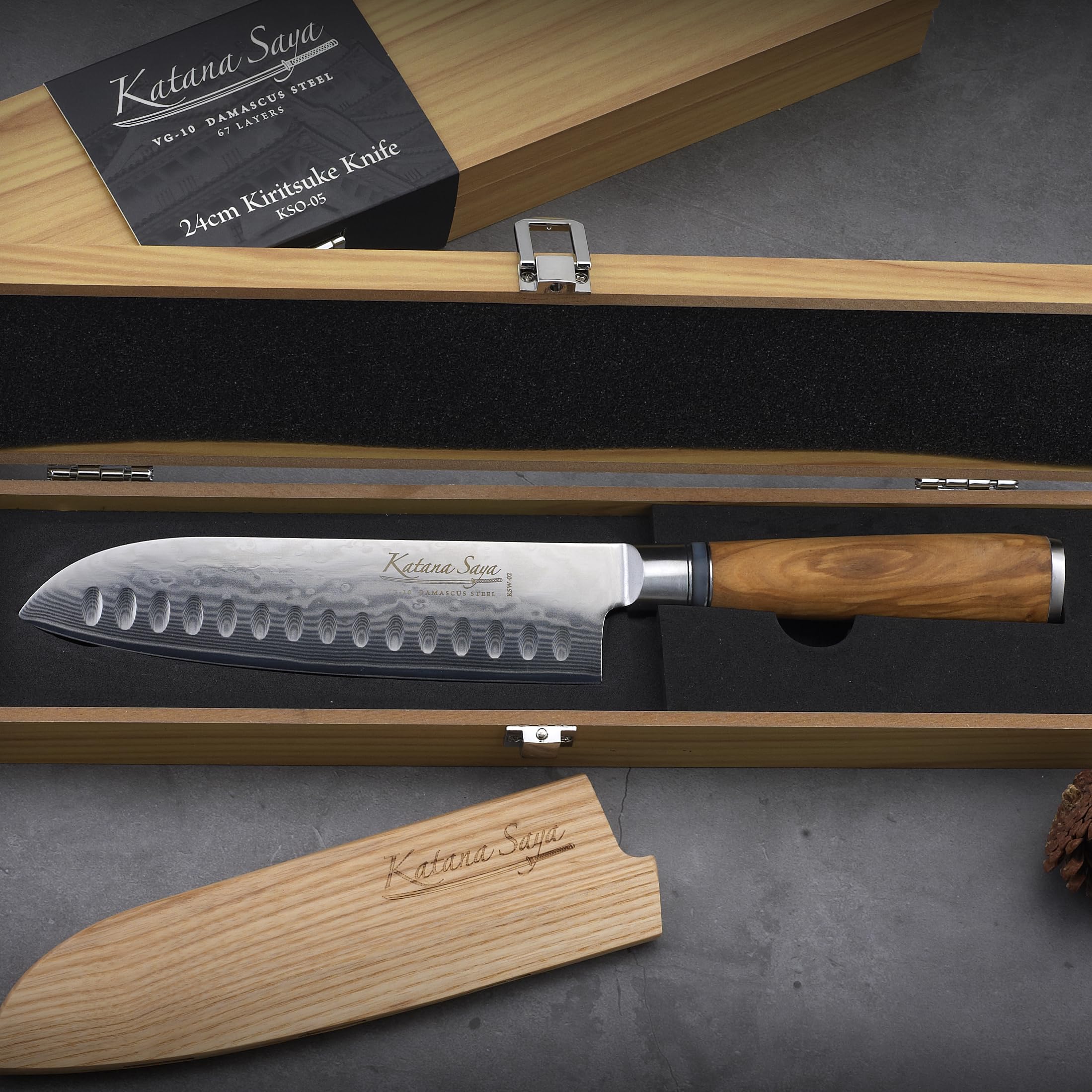 Olive Wood Coltello Santoku da 12 cm, acciaio inossidabile damasco VG-10 giapponese a 67 strati, manico in legno d'ulivo, coltello da cucina