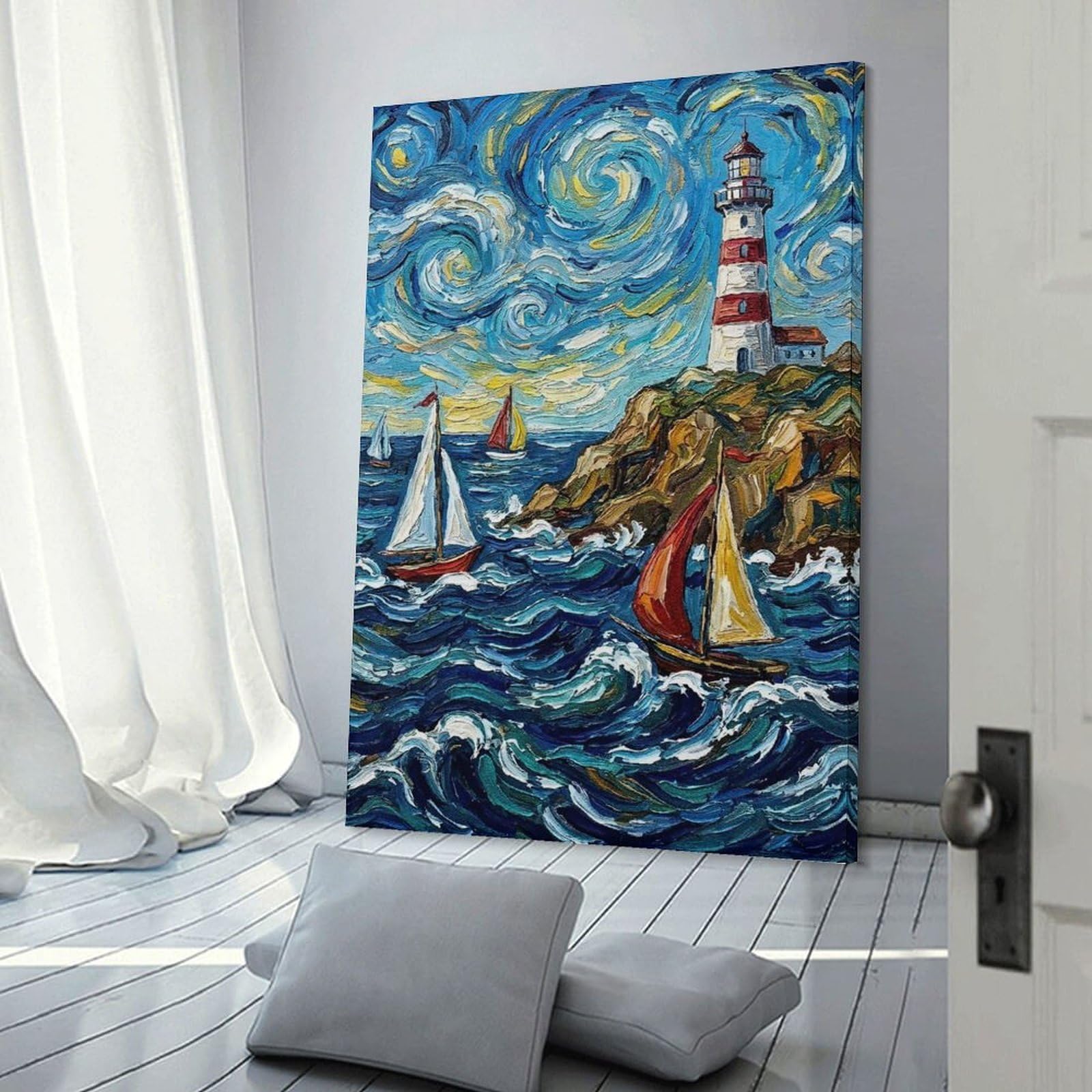 Junmoney Starry Night Lighthouse And Sailboats Room Decor Wall Art, 24x36inch(60x90cm), for Hallway, Lounge Or Guest Room, Gift Idea for Housewarming And Birthdays