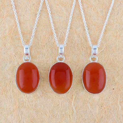 Miniatura 2 de Carnelian Oval Pendant Necklace, Crystals Pendant, Energy Healing Crystals Birthstone Jewelry, 16 + 2 Inch Silver Plated Adjustable Chain
