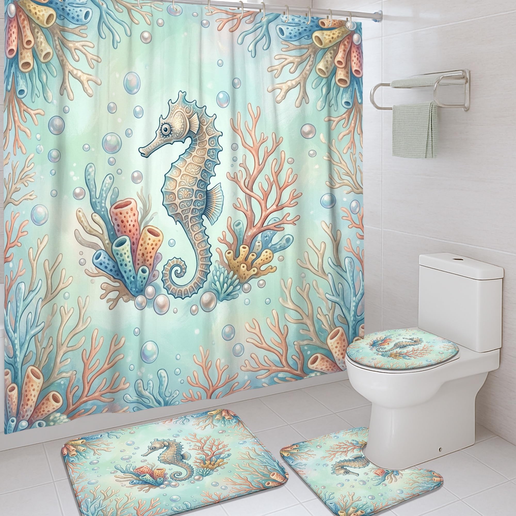 Rideau de douche turquoise à motif marin pour une décoration d'hôtel et de spa