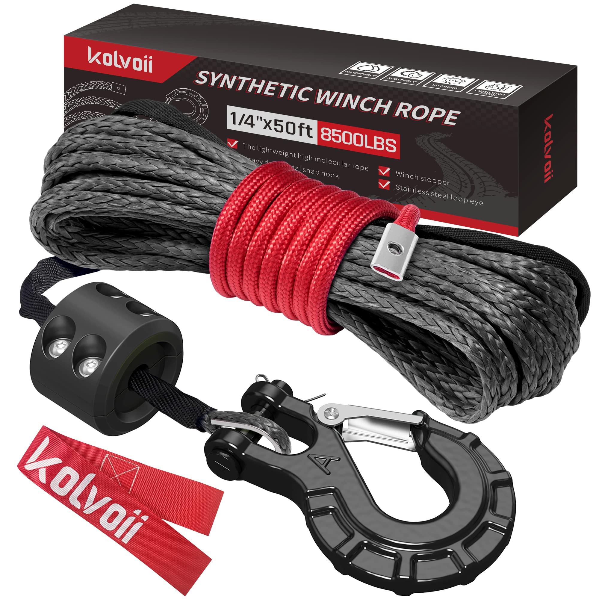 Kolvoii Synthetic Winch Rope, Winch Cable Kit 1/4" x 50ft 8500lbs with Steel Winch Hook, Protector Sleeve and Rubber Stopper for Towing ATV UTV SUV Truck Etc(Black Hook)