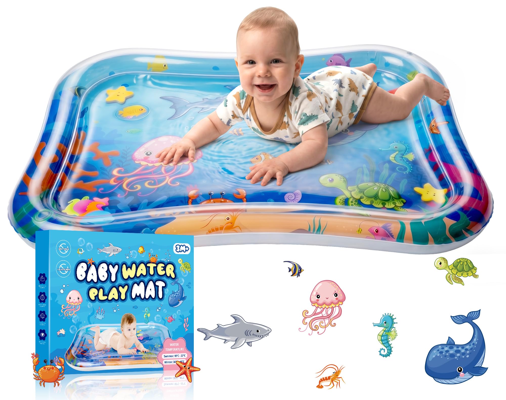 Grand Tapis d'eau Bébé 95x76cm Gonflable Tummy Time Tapis Eau Bebe Eveil Tapis Sensoriel Bébé Tapis Poisson pour Bébés et Tout-petits Cadeau Bebe Jouet Bebe 3 6 9 12 Mois