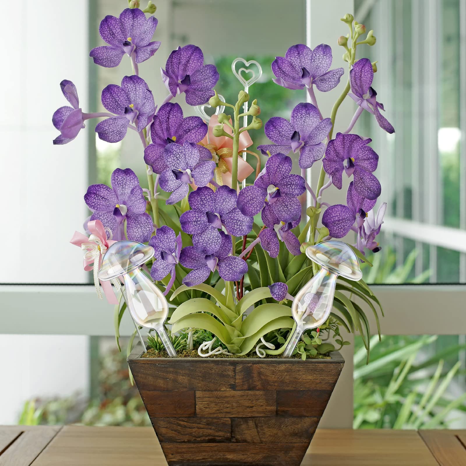 Glass Plant Watering Globes Iridescent Pearl Self Watering Globes Rainbow Colorful Planter Insert Spikes Watering for Indoor Plants Automatic Plant Waterer Devices for Outdoor Plants (Mushroom)