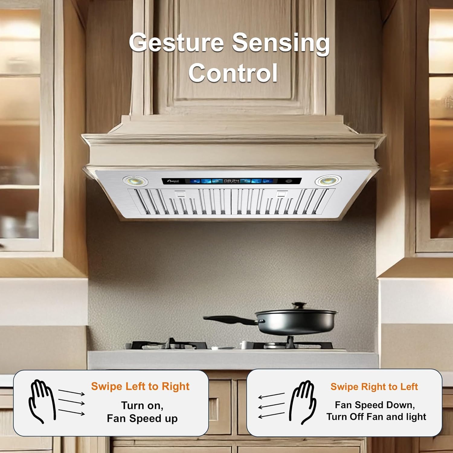 Awoco Range Hood Insert 30 Inch, Built-in Kitchen Hood with 800 CFM, Smart Voice/Gesture/Touch Control, Stainless Steel Stove Hood with Ducted/Ductless Convertible, Charcoal Filter.