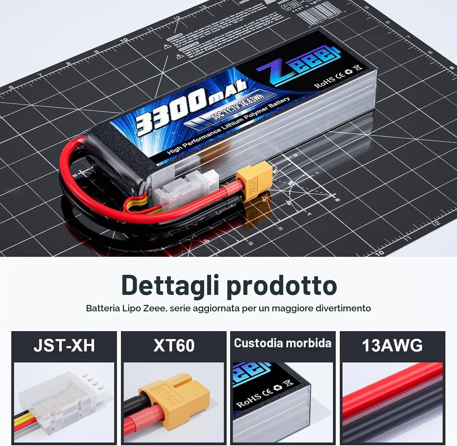 Zeee 3S Lipo 3300mAh 11.1V 50C Batteria RC con spina XT60 (2 pezzi) | per auto RC, aereo RC, elicottero RC, hobby RC