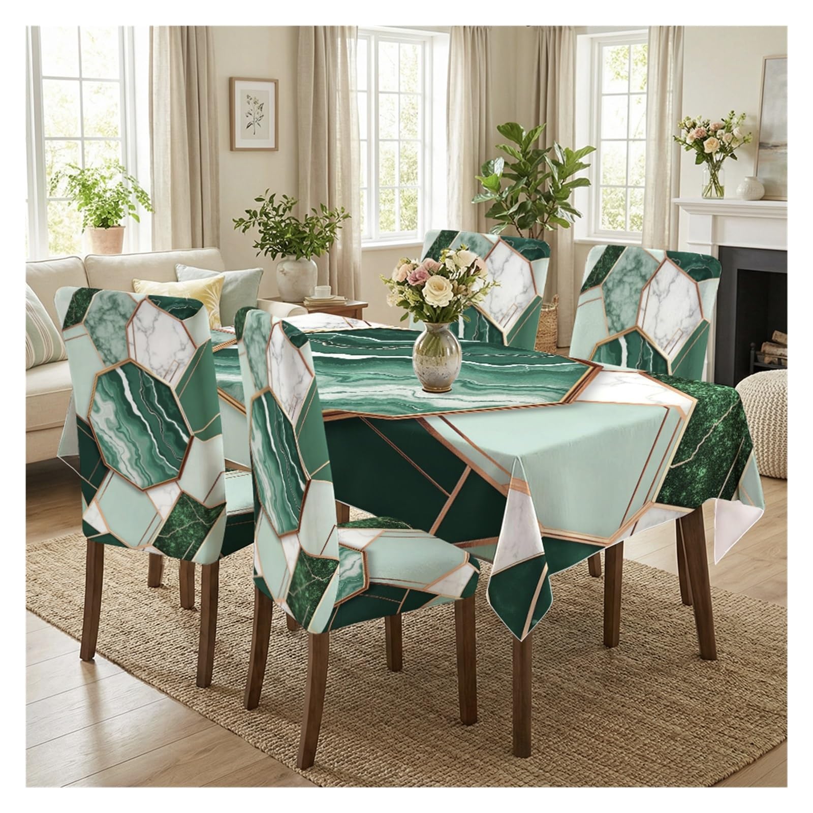 KXUAUV Luxury Green Marble Geometric Print Tablecloth And Chair Covers Set, Stretch Slipcovers For Modern Dining Room Decor, 5/7 Pack Party Decor(5pcs Set: Tablecloth+Chair Covers)