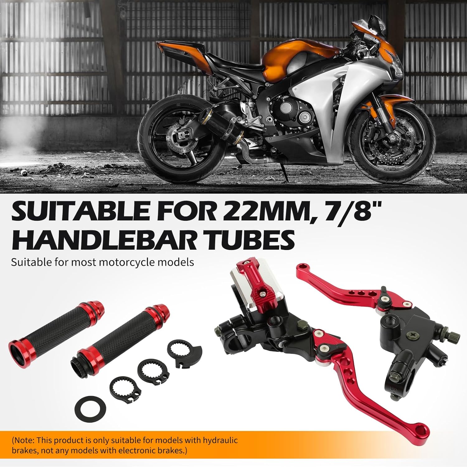 DREAMIZER Universal 7/8" 22mm Motorcycle Handlebar Brake Master Cylinder Clutch Levers CNC Left & Right Set + Hand Grips Compatible with Harley Honda Kawasaki Yamaha Suzuki (Red)