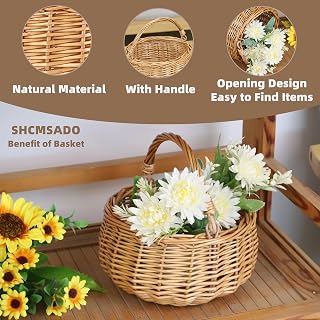 SHCMSADO Natural Willow Wicker Picnic Basket with Handle - Small Gift for Weddings, Flower Girl, Picnics, Home Decor & Storage