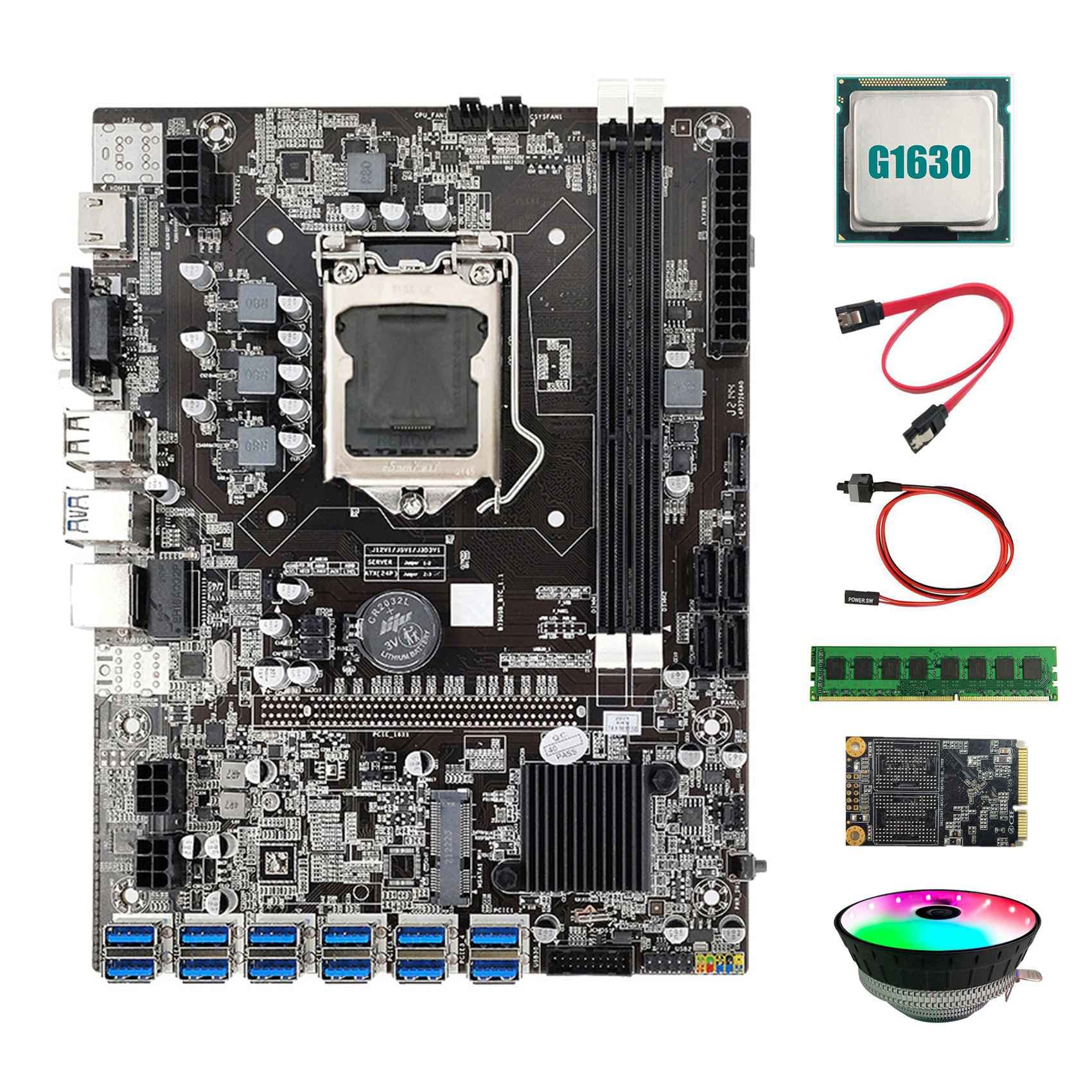 B75 BTC Mining Scheda Madre 12 USB+G1630 CPU+RGB Fan+DDR3 4GB 1600Mhz RAM+128G SSD+ Interruttore+ SATA Scheda Madre