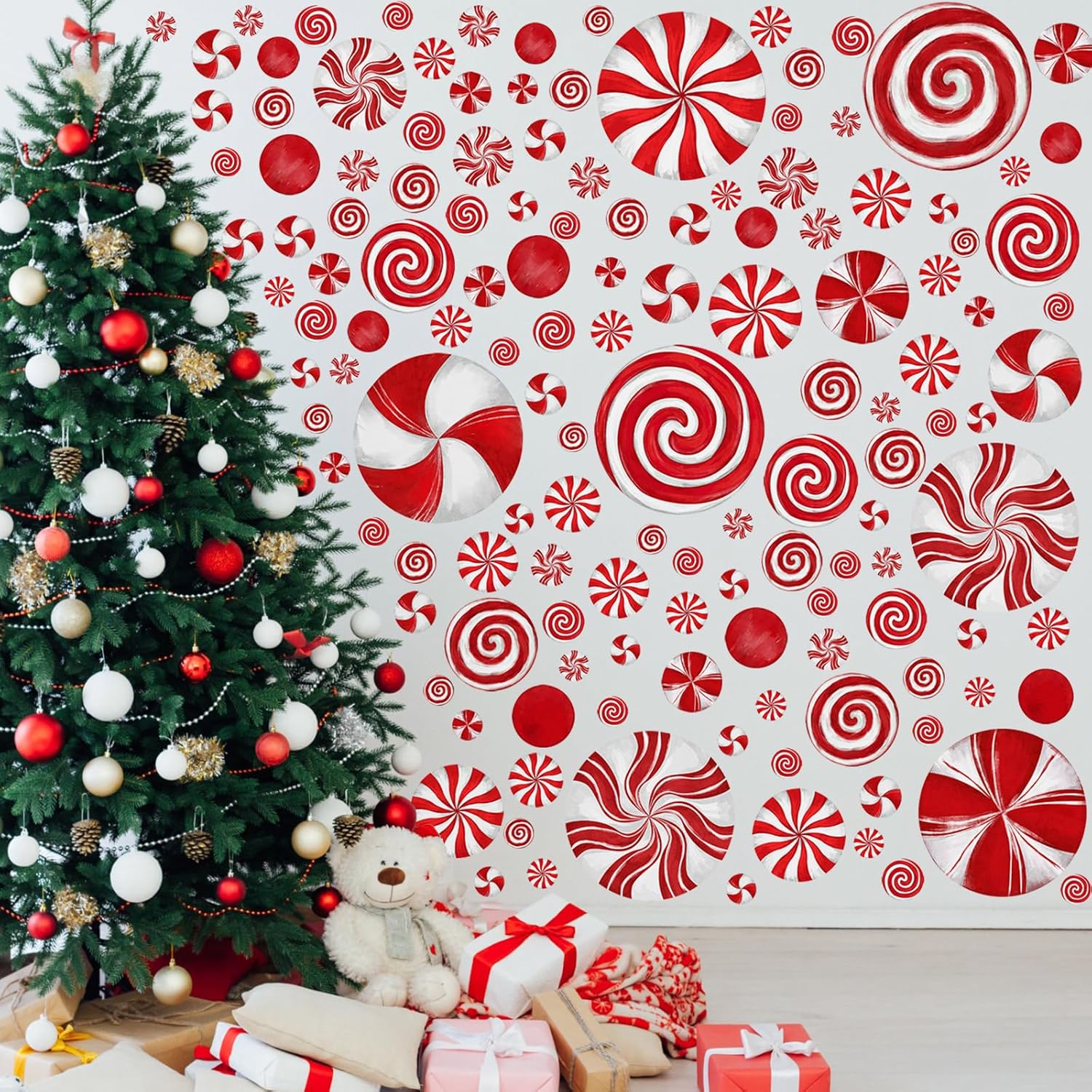 211 Pcs 6 Sheets Christmas Wall Decals Peppermint Wall Stickers Removable Oil Red and Green Candy Stickers Christmas Window Clings for Indoor Living Room Bedroom Nursery Decor(Red)