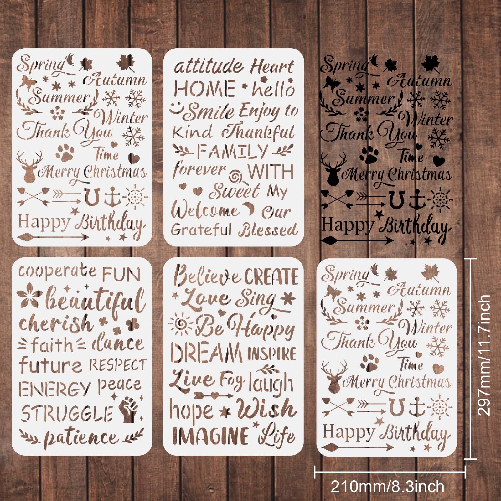 FINGERINSPIRE 4pcs Word Stencils 11.6x8.3 inch Inspirational Word Stencil for Painting Stencils with Text: Happy Birthay, Love, Imagine Life, Grateful Blessed Painting on Wood, Floor, Wall, Fabric - Image 2