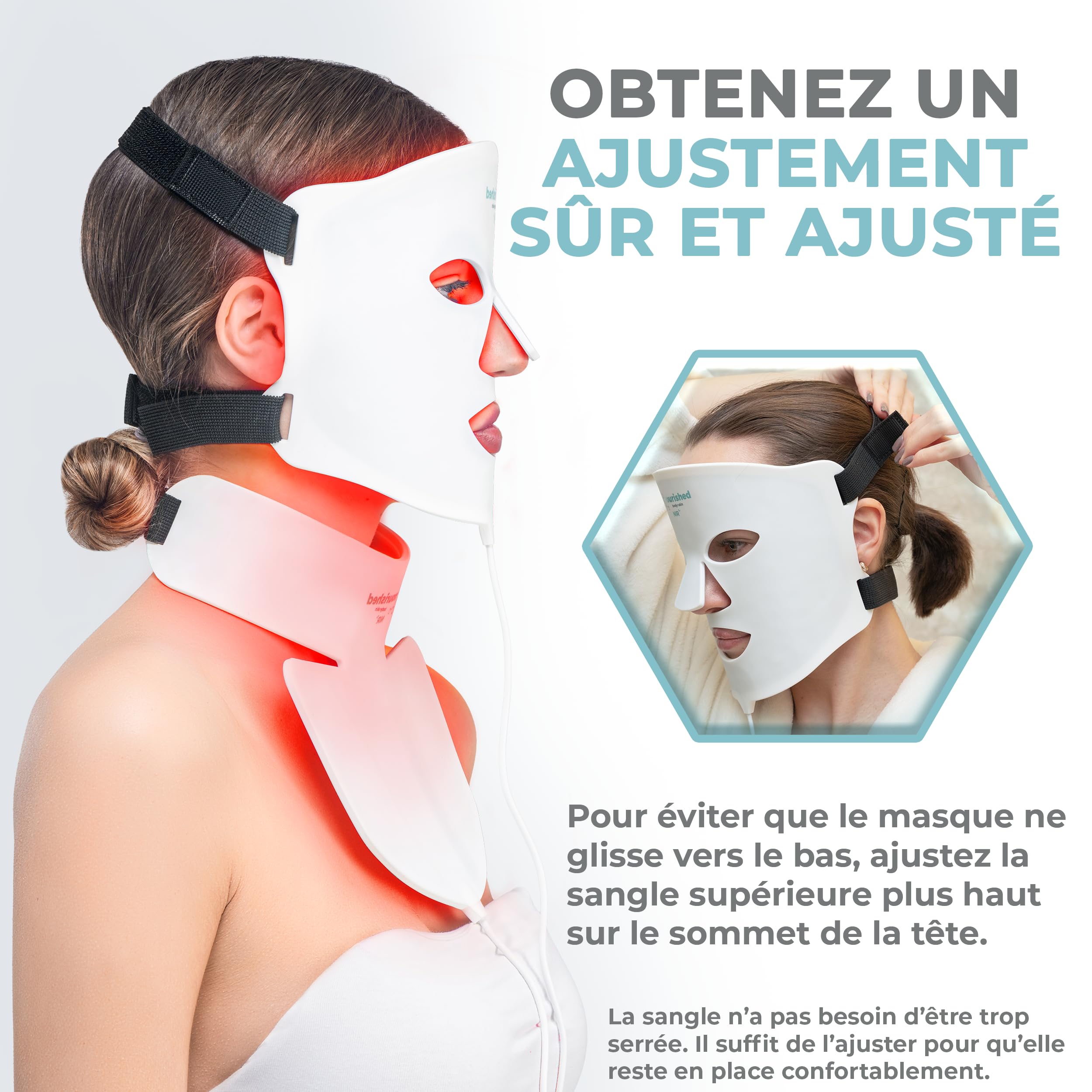 Nourished Bodynskin Masque LED 7 couleurs visage et cou avec infrarouge proche - Luminothérapie bleue, rouge pour le visage - 912 LED - Outil de soin pour l'anti-âge