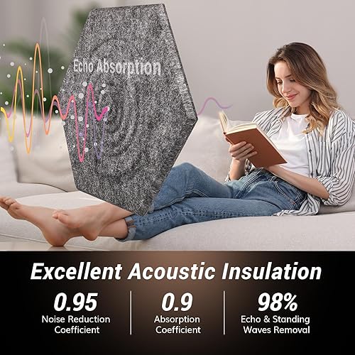 Miniatura 3 de TONOR - Paquete de 12 paneles acústicos hexagonales, paneles acústicos de alta densidad de 12 x 10 x 0.4 pulgadas para paredes, tratamiento de