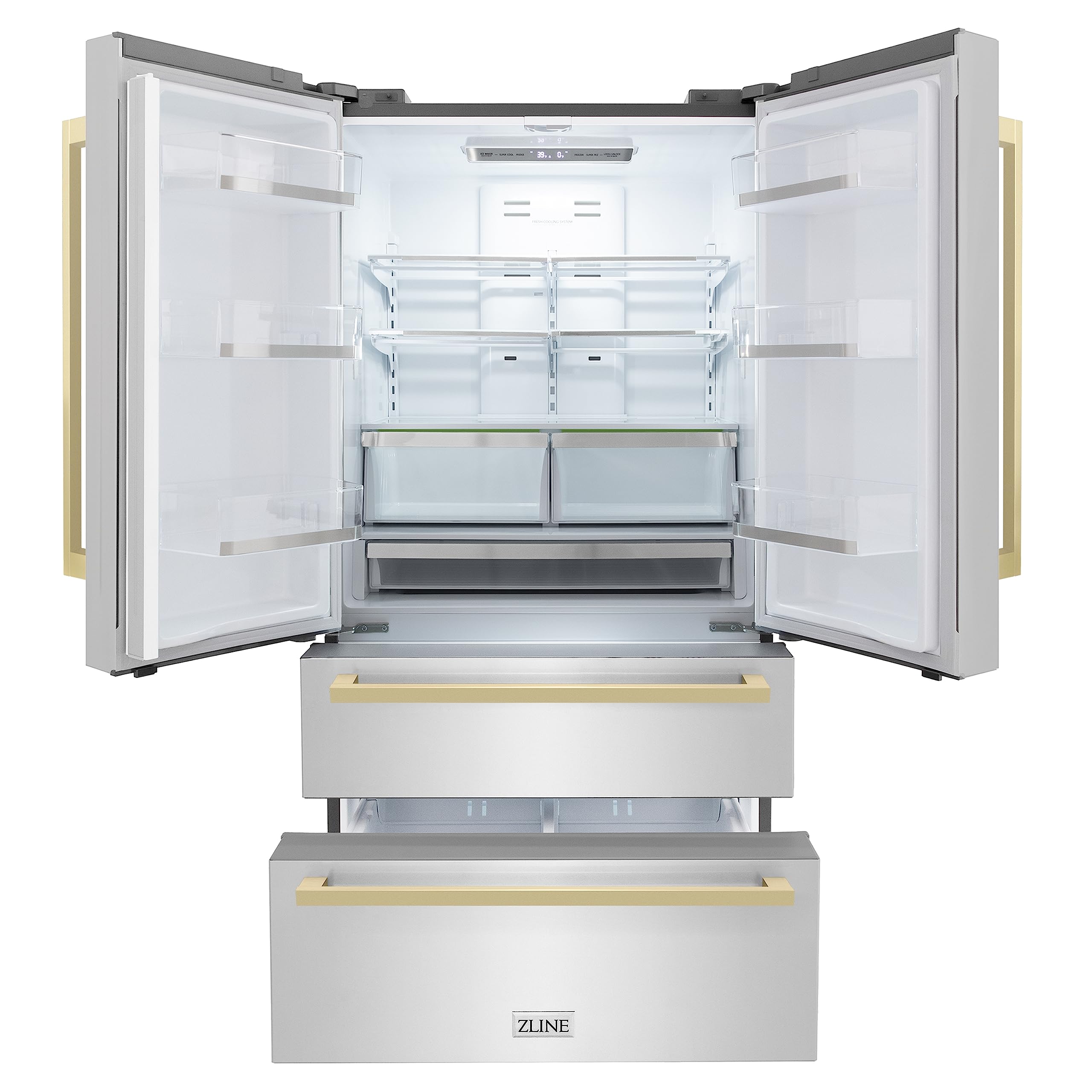 ZLINE Autograph Edition 36 in. 22.5 cu. ft. Counter-Depth French Door Refrigerator with Ice Maker in Fingerprint-Resistant Stainless Steel with Champagne Bronze Modern Handles (RFMZ-36-FCB) on Fridge.com