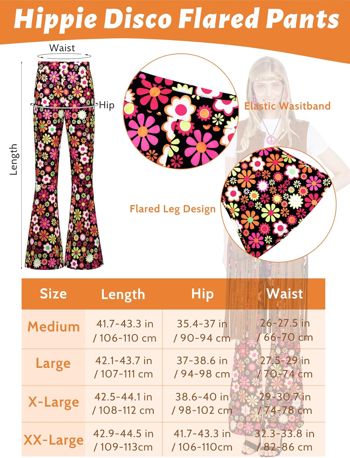 AOTHSO 8 Pcs 70s Women Hippie Costume Set Includes Fringe Vest Bag Pants Headband Necklace Earrings Sunglasses for Halloween - Image 2