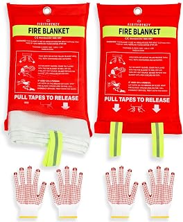 Fire Blanket – 2-Pack 39x39in Emergency Fire Blanket with Gloves – Fire Blanket for Home and Kitchen & Glowing Stripe & 2 Glowing Handles – Flame Retardant Fiberglass Safety Blanket